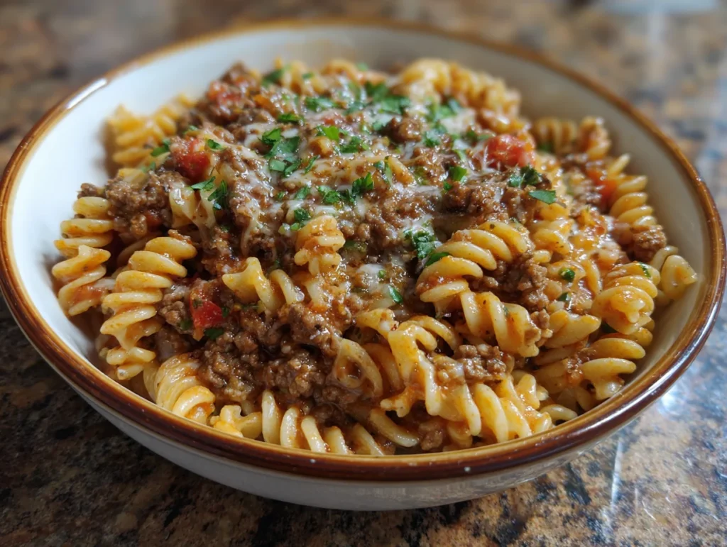 beef and rotini in parmesan garlic sauce