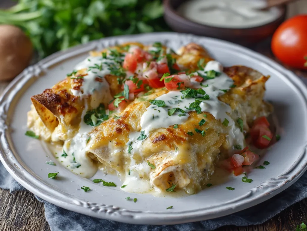 Creamy Green Chili Chicken Enchiladas with Sour Cream Sauce