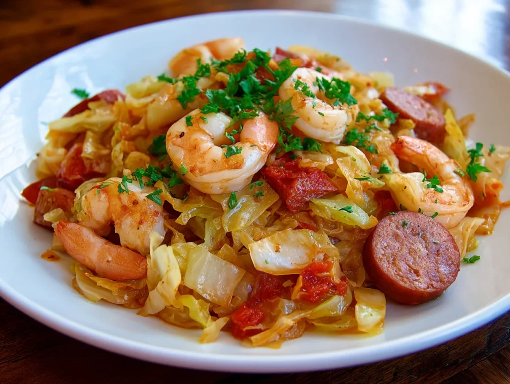 fried cabbage with shrimp sausage