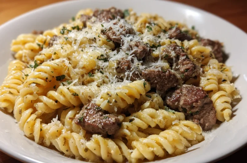 Homemade Beef and Rotini in Parmesan Garlic Sauce