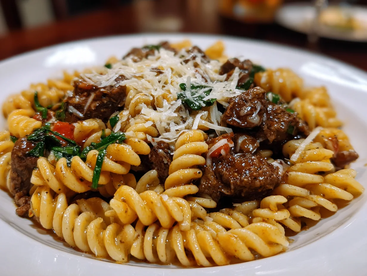 beef and rotini in parmesan garlic sauce