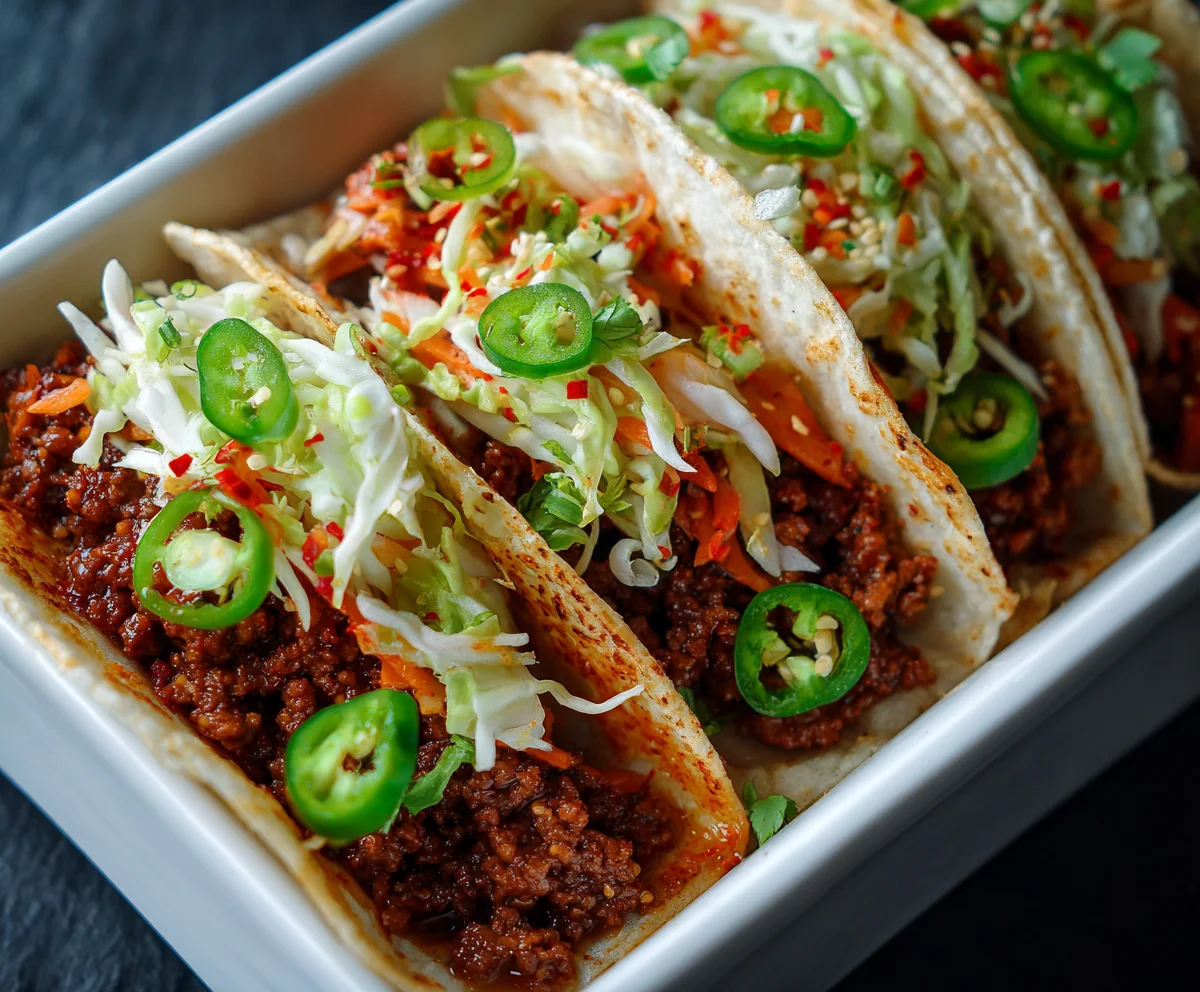 beef mince and kimchi tacos