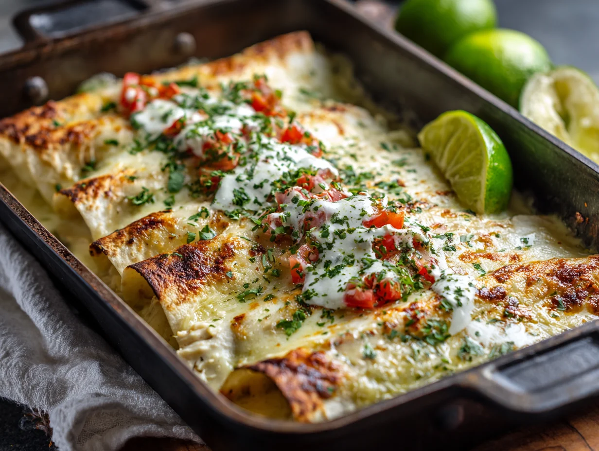 Creamy Green Chili Chicken Enchiladas with Sour Cream Sauce