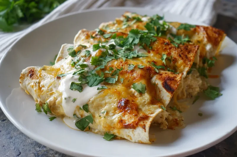 Creamy Green Chili Chicken Enchiladas with Sour Cream Sauce
