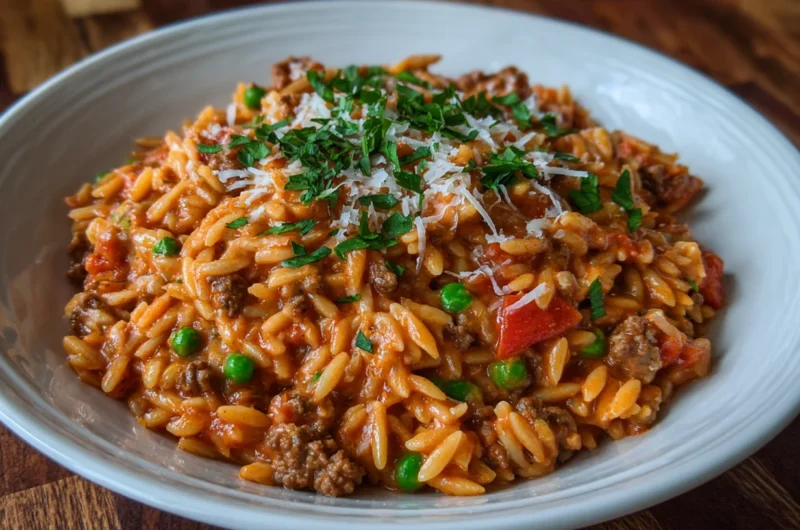 Ground Beef Orzo with Tomato Cream Sauce Recipe