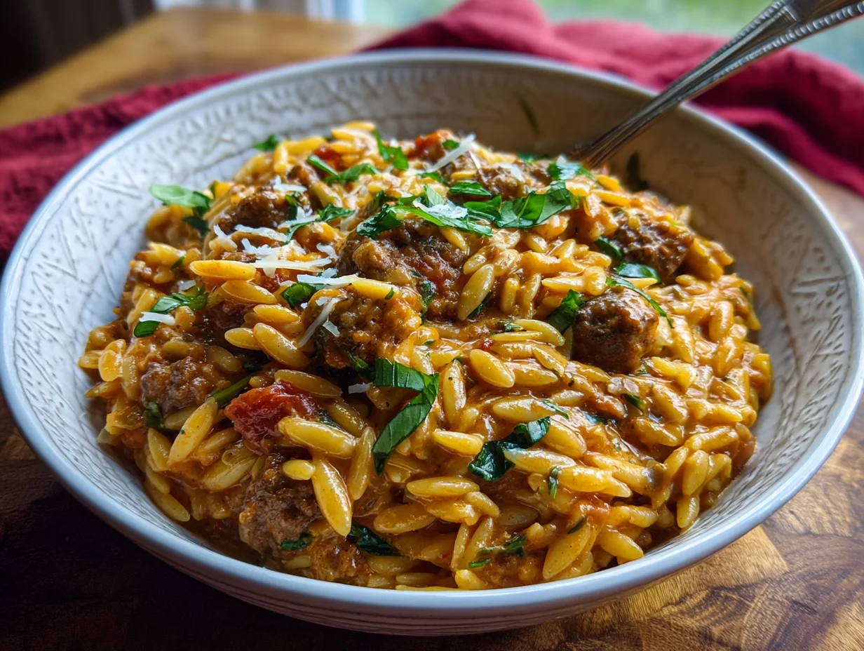 Ground Beef Orzo with Tomato Cream Sauce