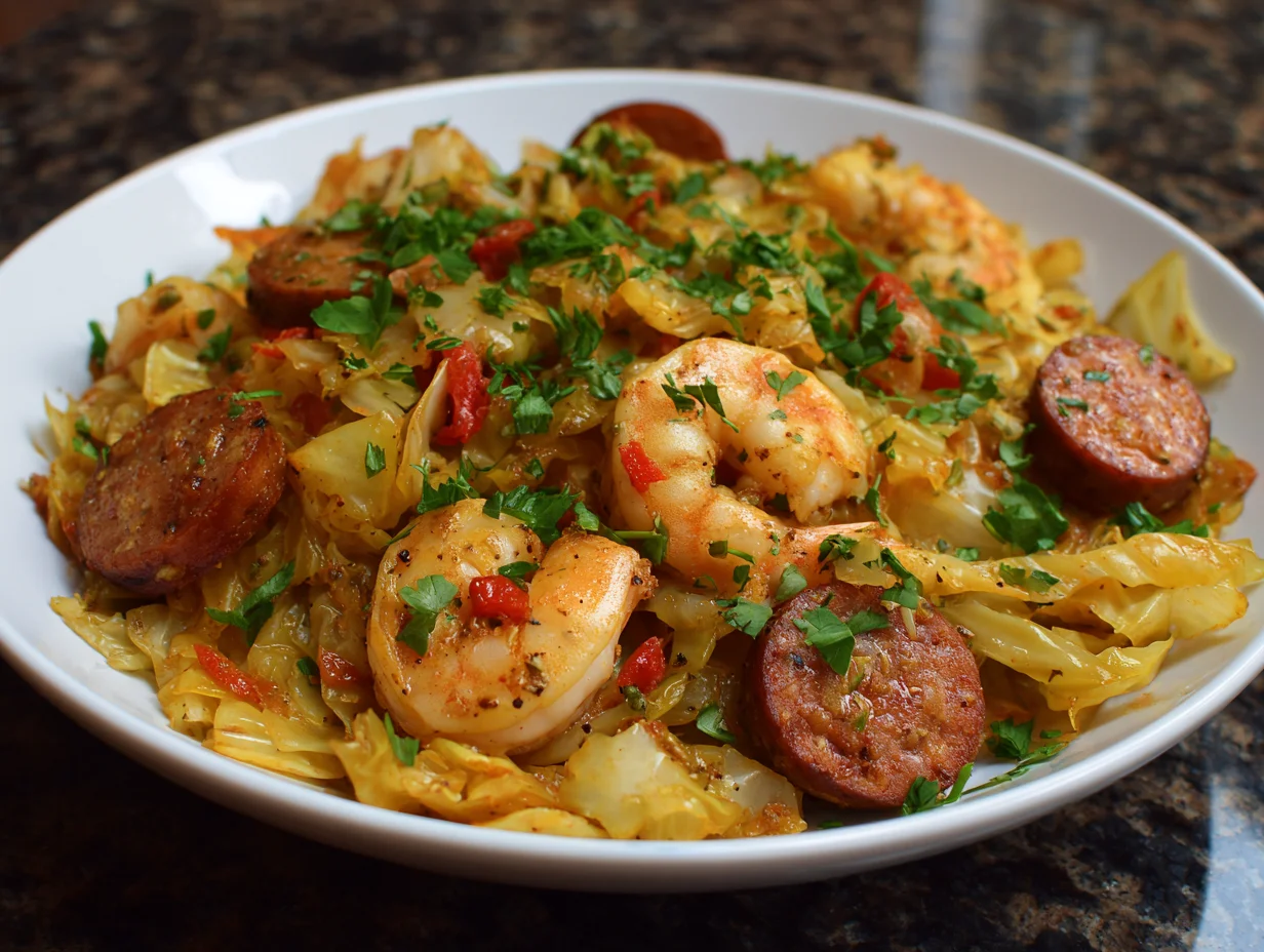 fried cabbage with shrimp sausage